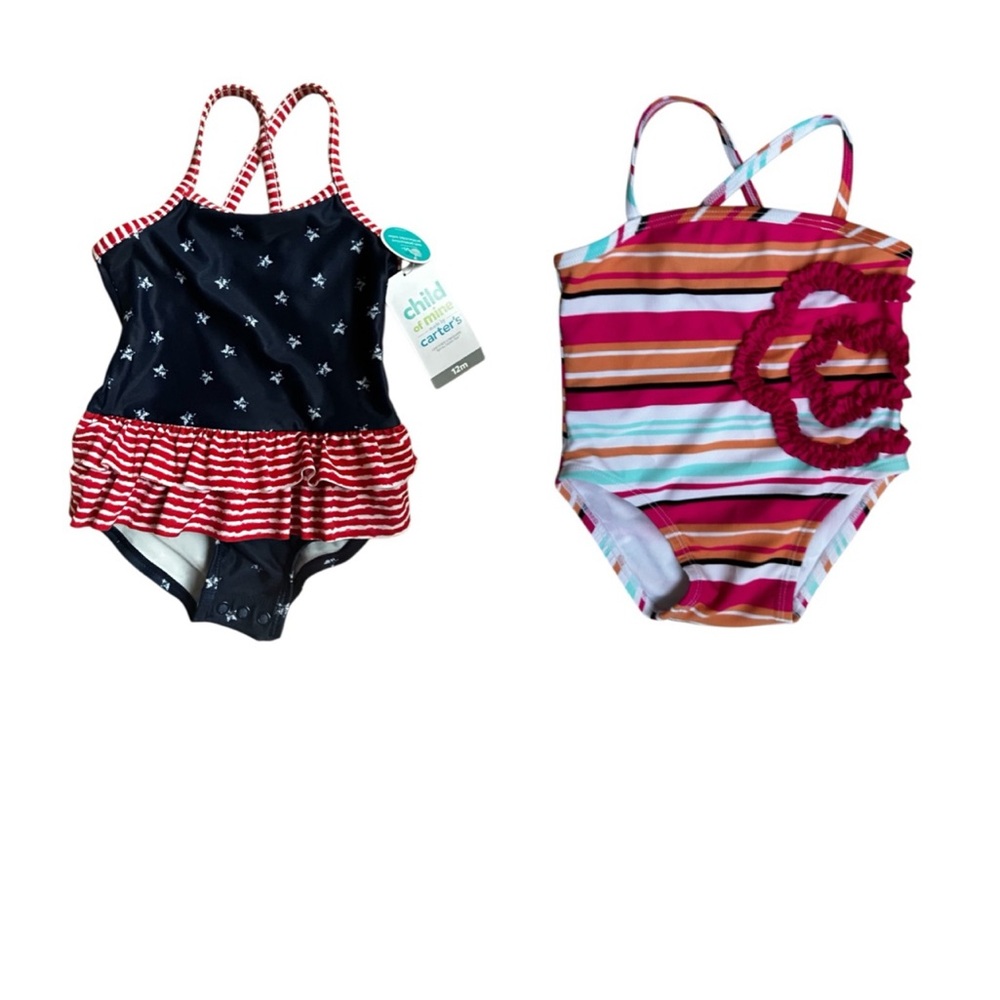 12M Swim Bundle - Carters Patriotic and Multicolor Striped with Ruffle Flower